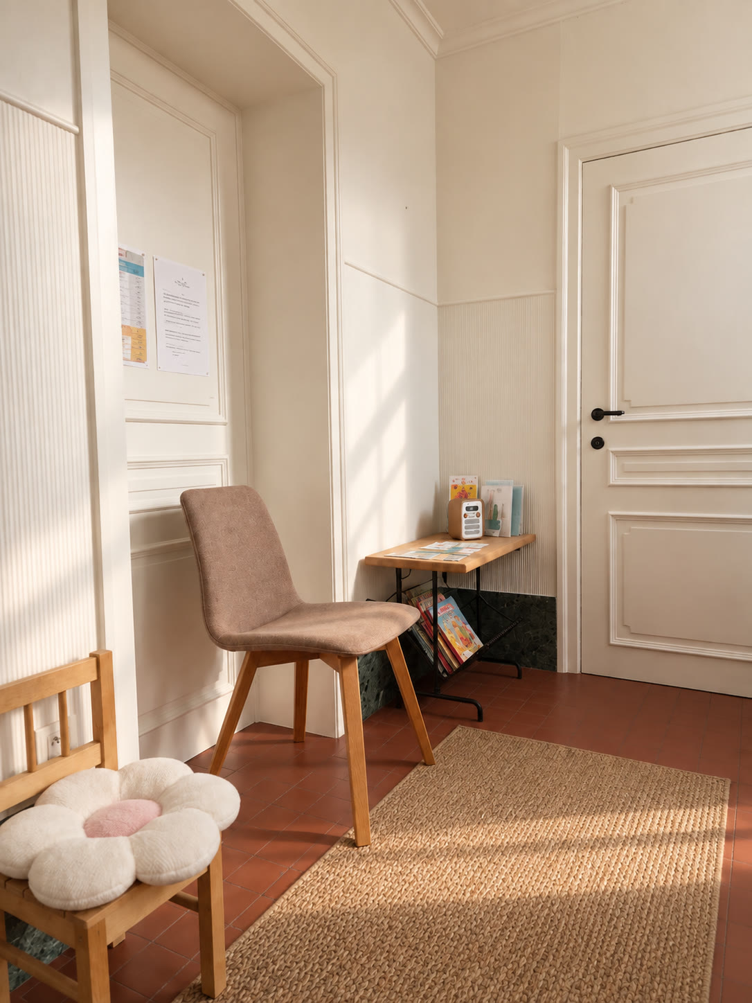 Sfeervolle wachtkamer met volwassen stoel, kinderstoel met bloemkussen en kinderboeken onder een bijzettafeltje
